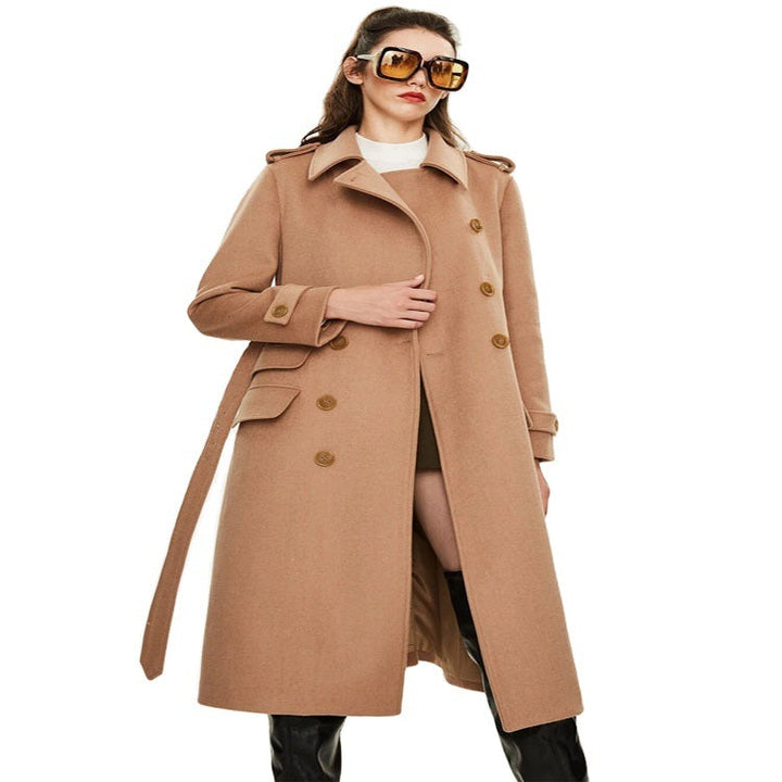 Damska dopasowana A-line trencz made of wool-cashmere blend z waist paskiem i klapką Lumaza