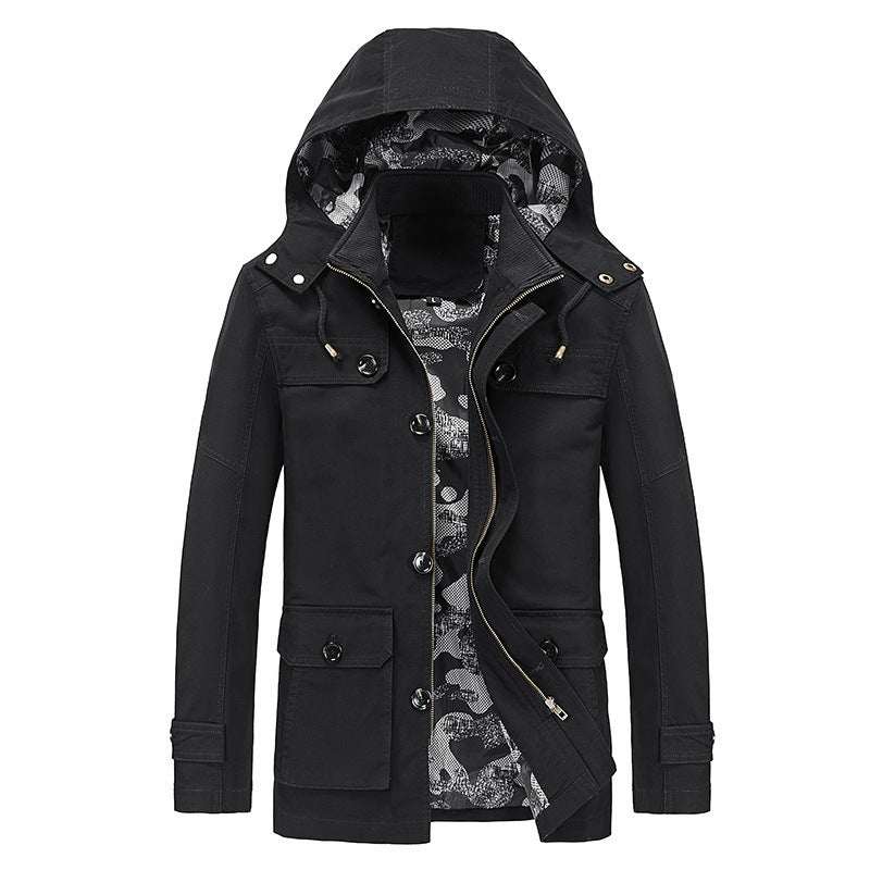 Męska canvas z kapturem parka z camouflage Podszewka, utility Kieszenie, i ukryty zamek listwa