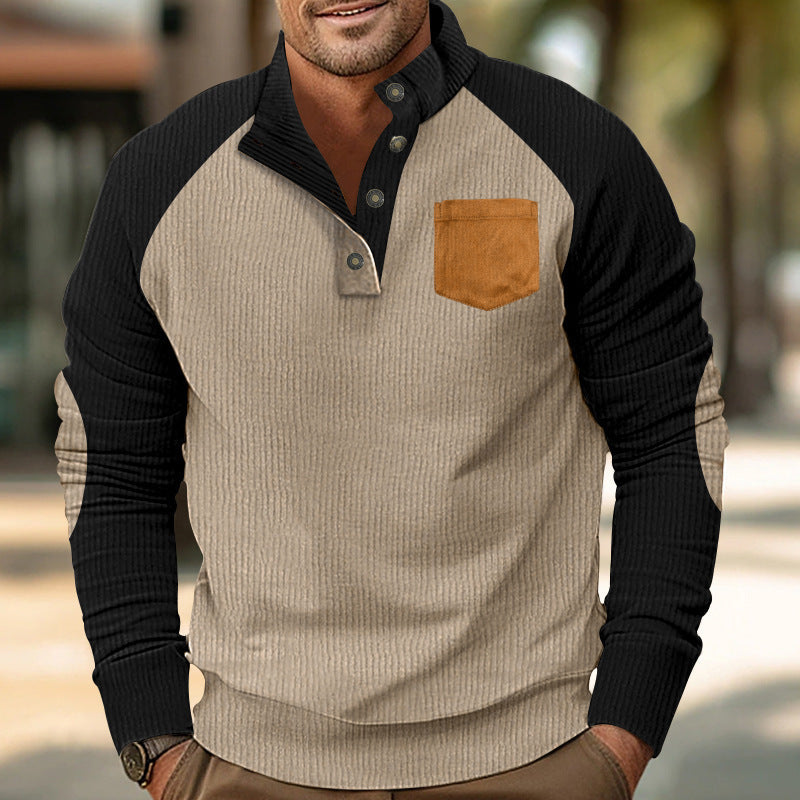 Męska Prążkowany Henley Sweter z Raglanowy Rękawy, Elbow Patches &amp; Klatka piersiowa Kieszeń
