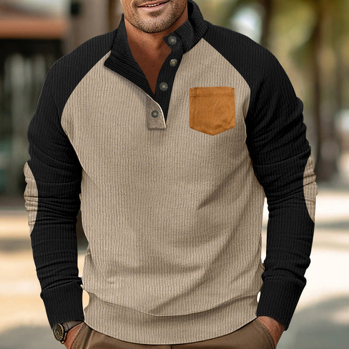 Męska Prążkowany Henley Sweter z Raglanowy Rękawy, Elbow Patches &amp; Klatka piersiowa Kieszeń