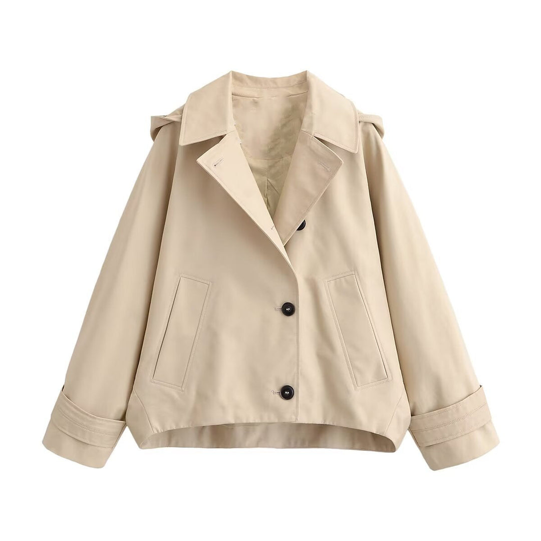 Damska krótka płaszcz trenczowy w boxy Krój z notch Kołnierz i piped naszywane kieszenie