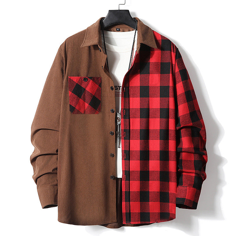 Męski Half-Split Koszula wierzchnia w Lumberjack Check z Kontrastowy Jednolity Side, Kieszeń na piersi, i Continuous Guzik Placket