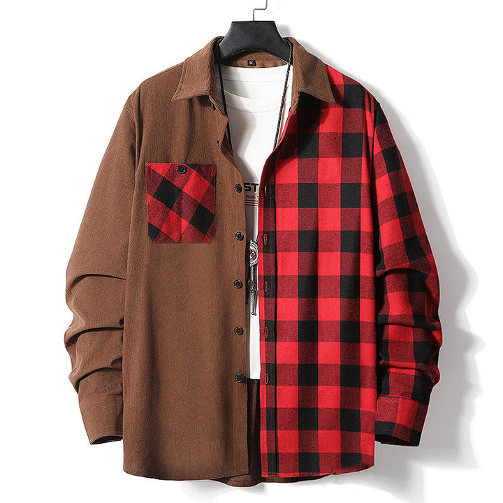 Męski Half-Split Koszula wierzchnia w Lumberjack Check z Kontrastowy Jednolity Side, Kieszeń na piersi, i Continuous Guzik Placket