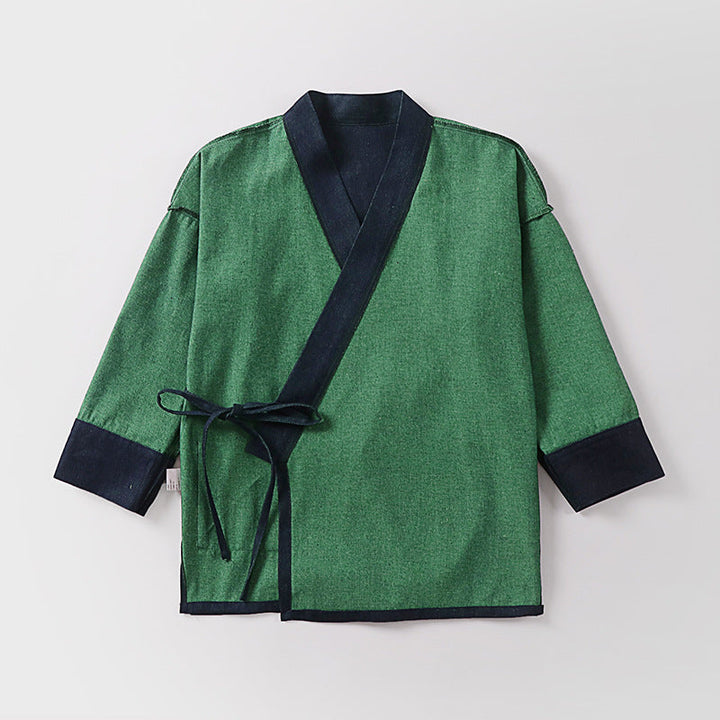 Unisex lekka kopertowa kimono kurtka made of len z bawełną Blend z kontrastowy Trim i wiązanym paskiem Lumaza