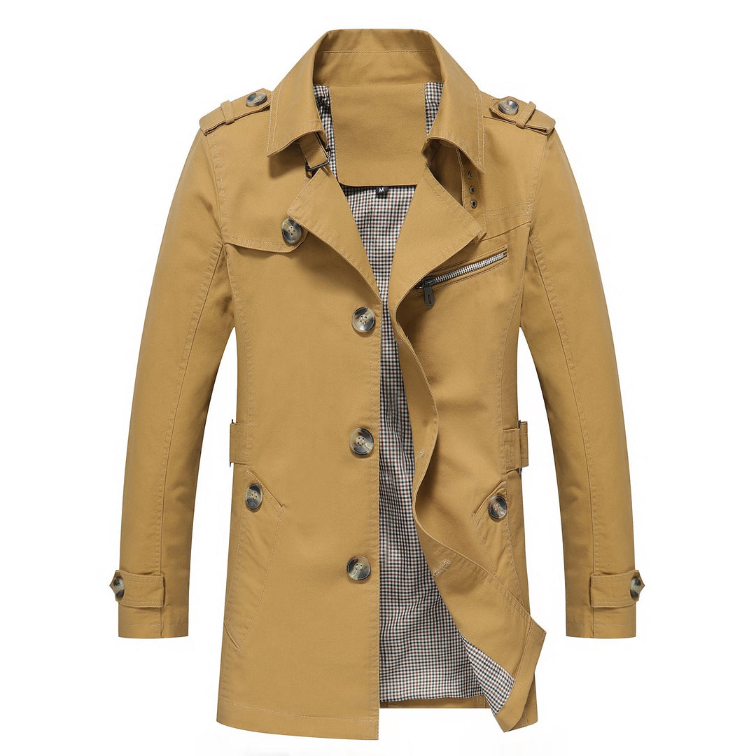 Męska elegancki field Trench z tailored fit, shoulder flaps i regulowany mankiety