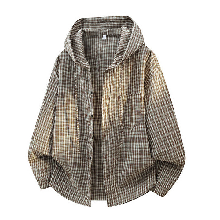 Męski Oversized W kratę Koszula z Kaptur, Drawstring &amp; Ukryty Guzik Placket