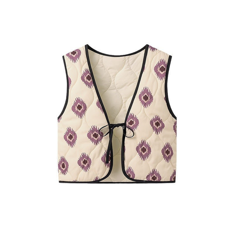 Damska ocieplana pikowana krótka kamizelka z V-Neck i Tie Lumaza