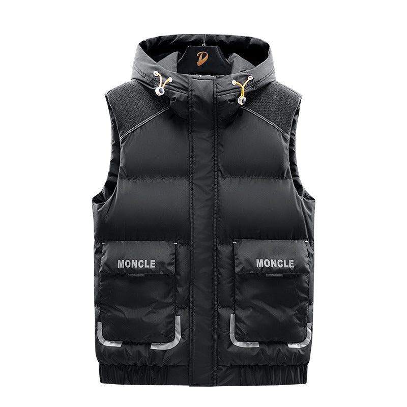 Męska Ocieplana Z kapturem Kamizelka z Shoulder Inserts i Kieszenie z klapkami
