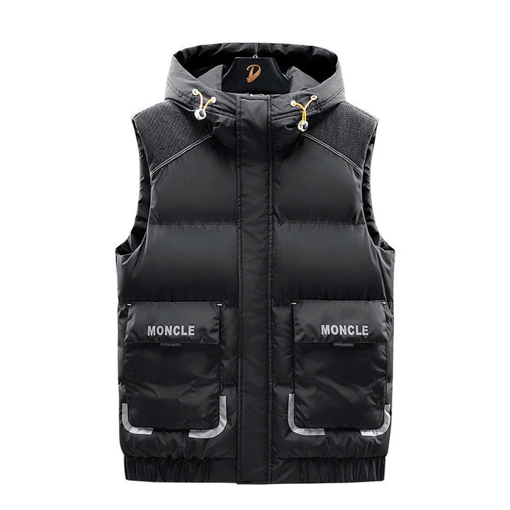 Męska Ocieplana Z kapturem Kamizelka z Shoulder Inserts i Kieszenie z klapkami