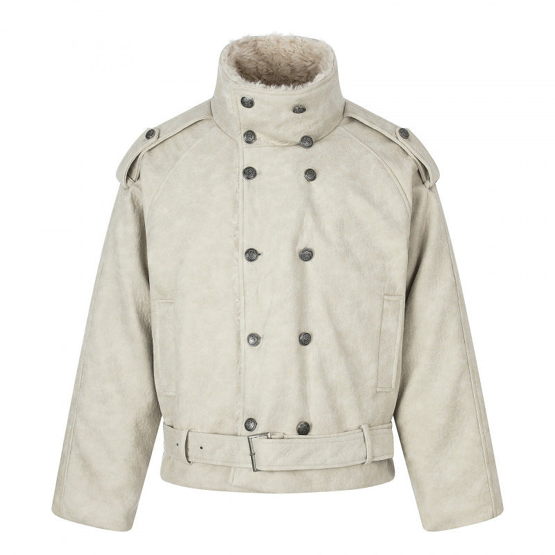 Męska krótka krój double-breasted aviator kurtka z teddy lwwg, stójką i waist belt