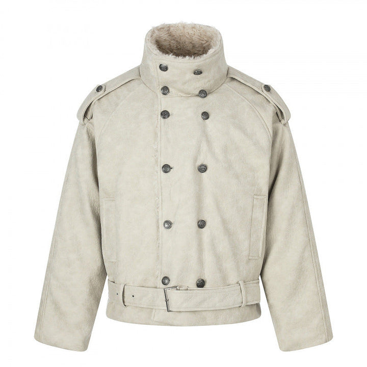 Męska krótka krój double-breasted aviator kurtka z teddy lwwg, stójką i waist belt