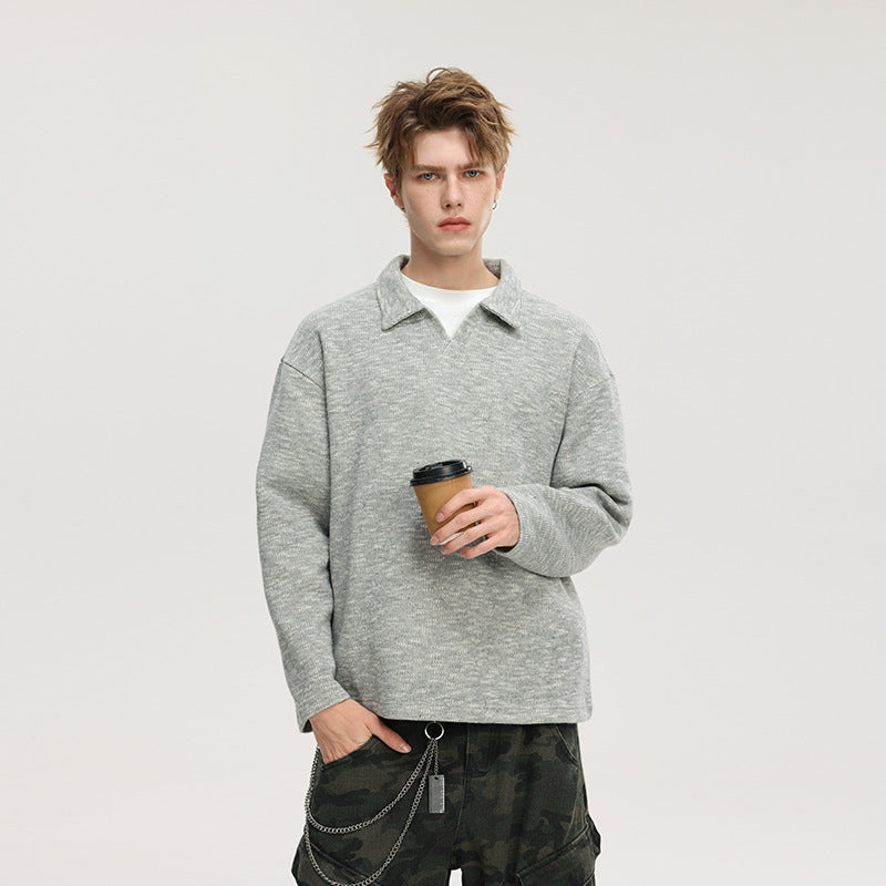 Herren Grobstrick-Kragenpullover mit V-Ausschnitt und Luźny‑Krój