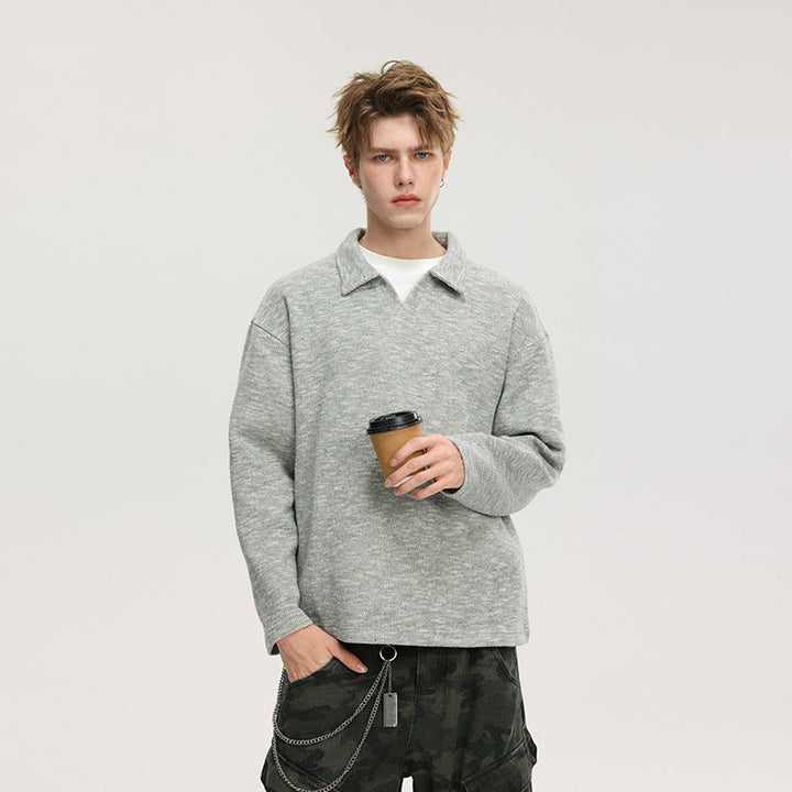 Herren Grobstrick-Kragenpullover mit V-Ausschnitt und Luźny‑Krój