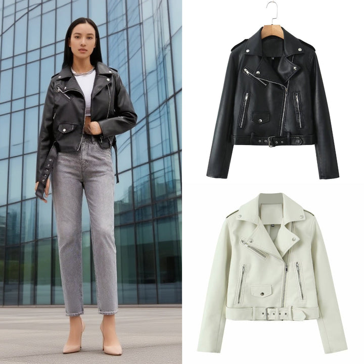 Damska solidny dopasowana biker kurtka wykonana z imitacja skóry z asymmetrical zamek i pasek w talii