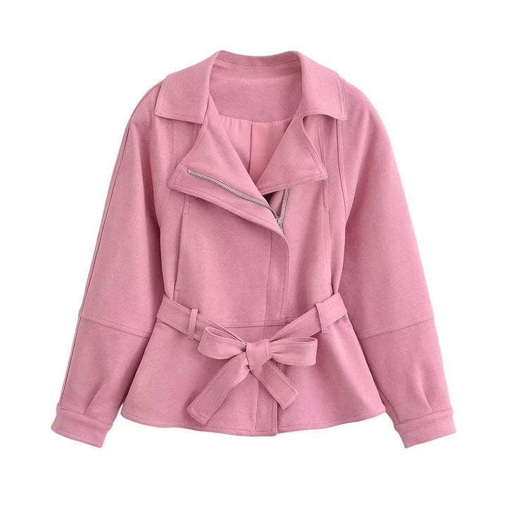Damska krótka kurtka z belted Talia, asymmetrical lapel, i peplum Dół