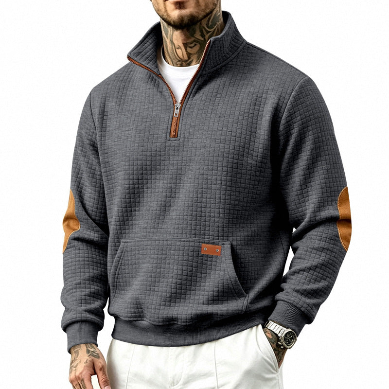 Męska Stójka krótki zamek bluza z checkered relief tekstura i imitacja skóry elbow patches