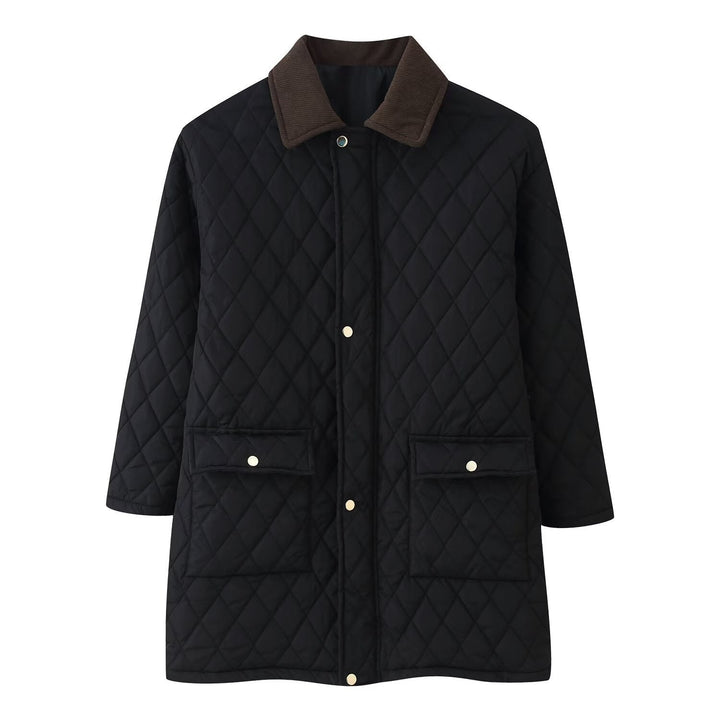 Damskie’s pikowana płaszcz z cord Kołnierz, checkered quilting i naszywane kieszenie