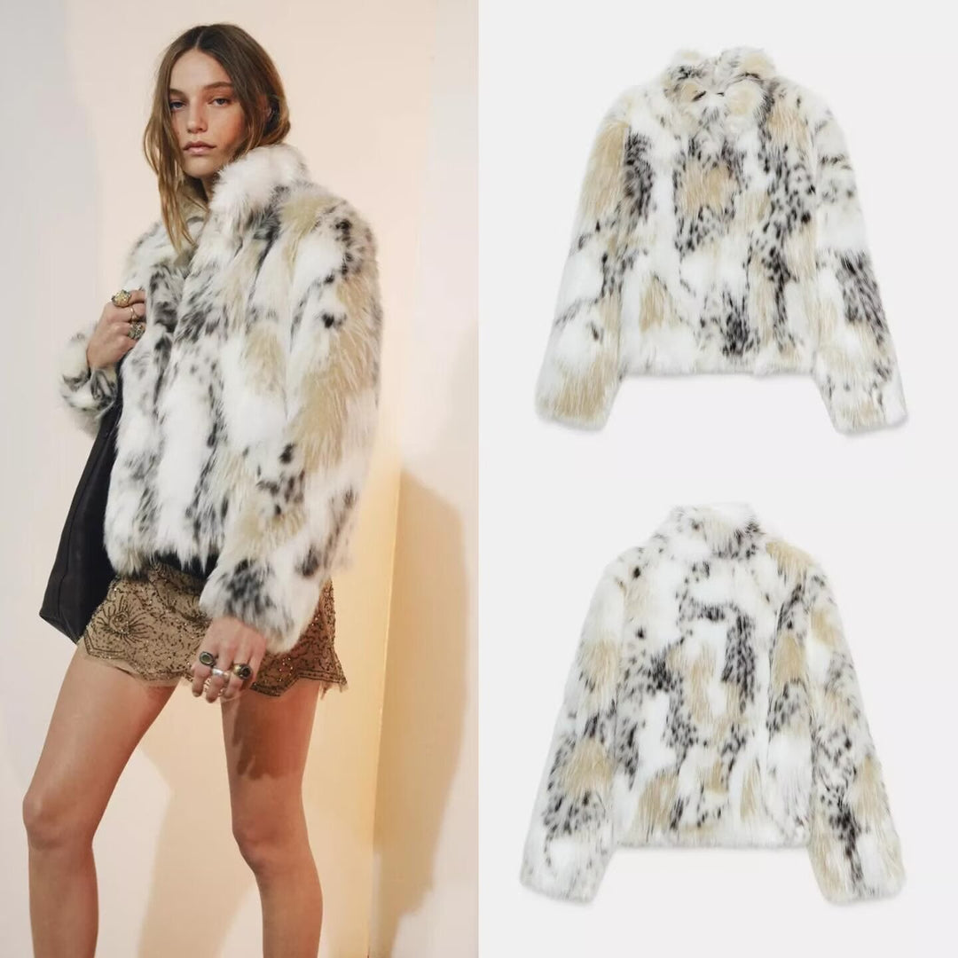 Damska krótka faux fur kurtka in patchwork look z high ze stójką Lumaza