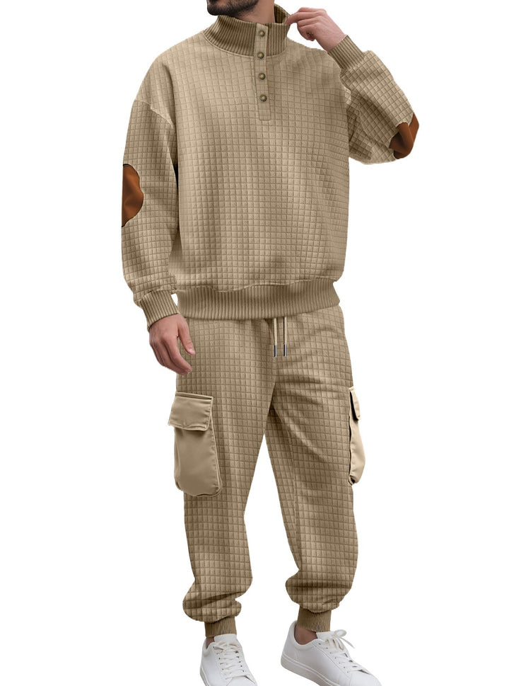 Męska kratka relief sweat set z stójka Listwa guzikowa, welur elbow patches i cargo jogger