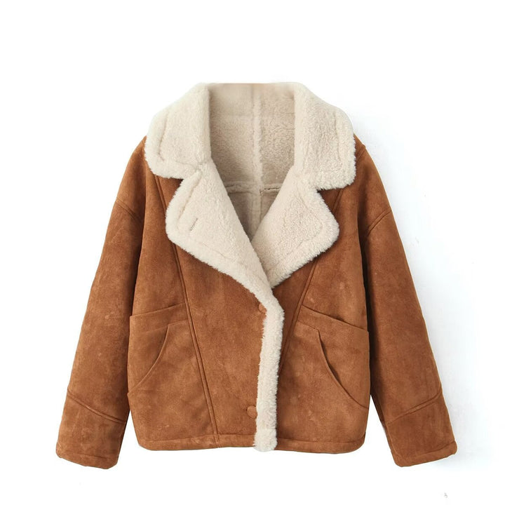 Damska oversize krótka kurtka in Suede Look z Teddy Lining i dużymi Lapel kołnierzem Lumaza