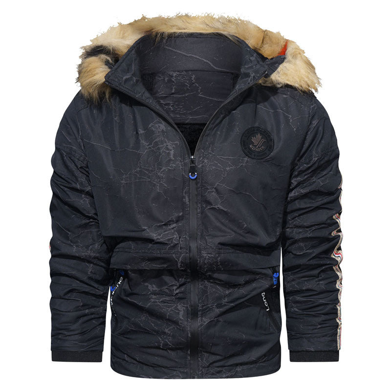 Męska pikowana kurtka z kapturem w field parka Styl z sztuczne futro wykończenie i rękaw stripe