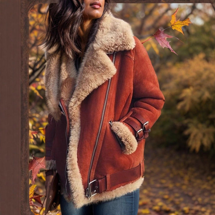 Damska krótka aviator leather kurtka z teddy fur lining i zamkiem błyskawicznym details Lumaza