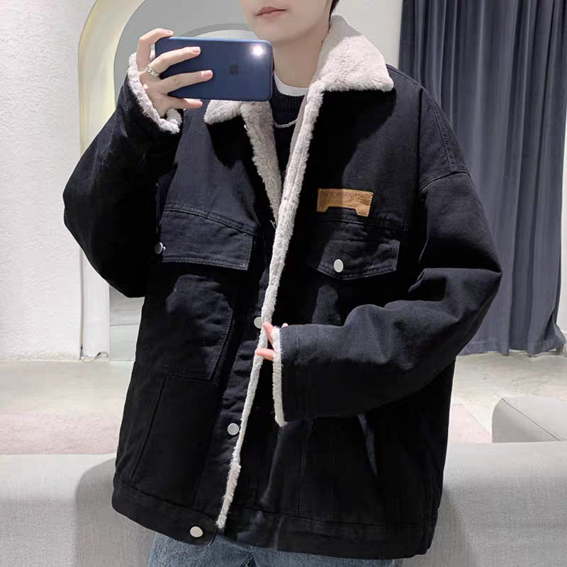 Męski Z podszewką Oversized Denim Kurtka z Teddy Podszewka i Flap Kieszenie