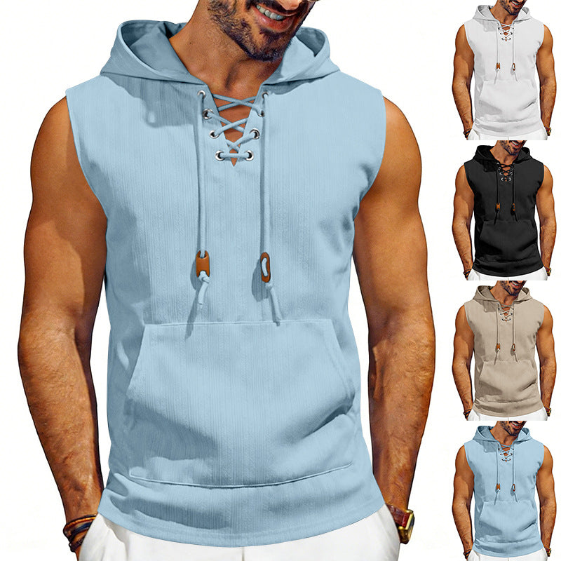 Męska sleeveless z kapturem kamizelka z lace-up V-neck, kieszeń kangurka, i Codzienny Krój
