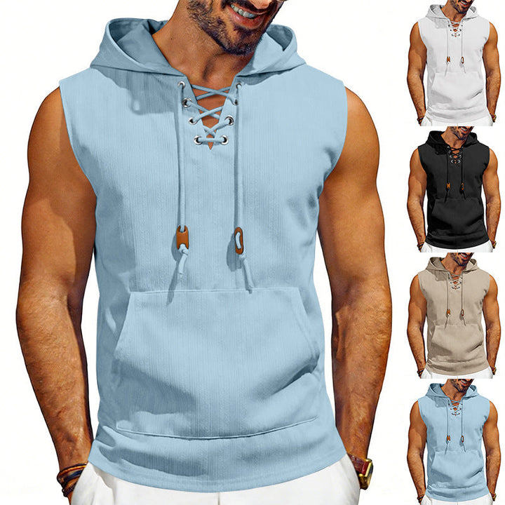 Męska sleeveless z kapturem kamizelka z lace-up V-neck, kieszeń kangurka, i Codzienny Krój