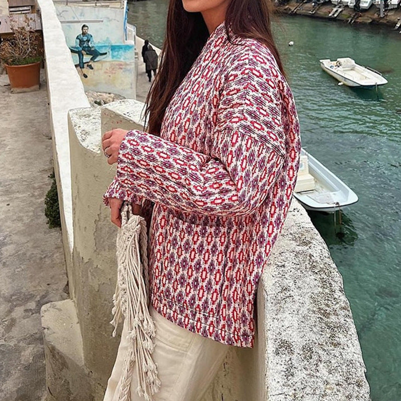 Damska wzorzysta kimono pikowana kurtka z otwartym przodem i z naszywanymi kieszeniami Lumaza