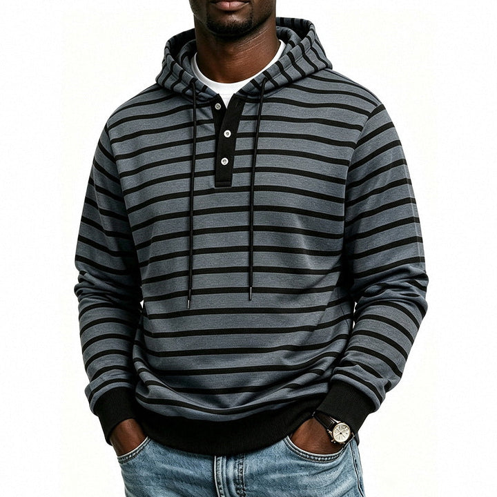 Męska bluza z kapturem z Henley Listwa guzikowa i delikatna stripe tekstura Wzór