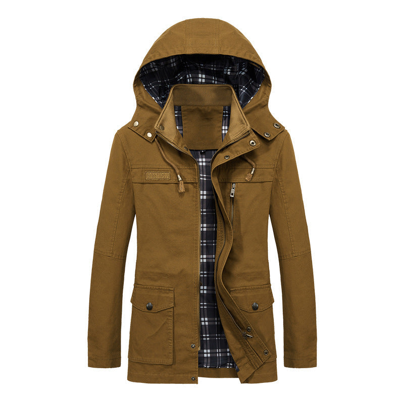 Męski Płótno Field Parka z Kaptur, Checked Podszewka i Multi-function Kieszenie