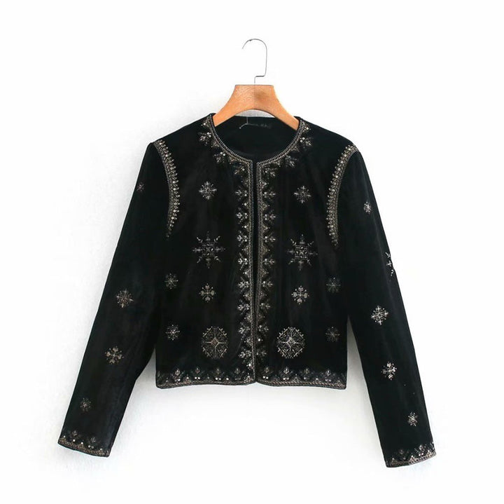 Damska welurowa krótka kurtka z OrnaMęskatal Bead i Decorative Embroidery Lumaza