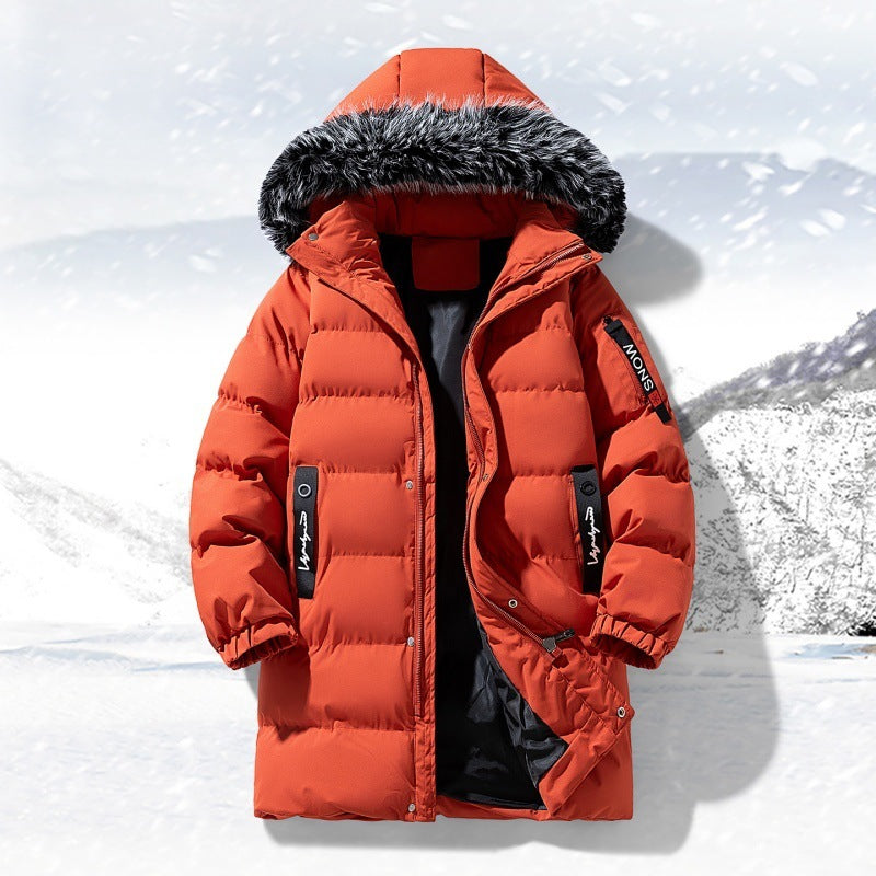 Męska longer pikowana parka z kapturem i imitacja fur trim