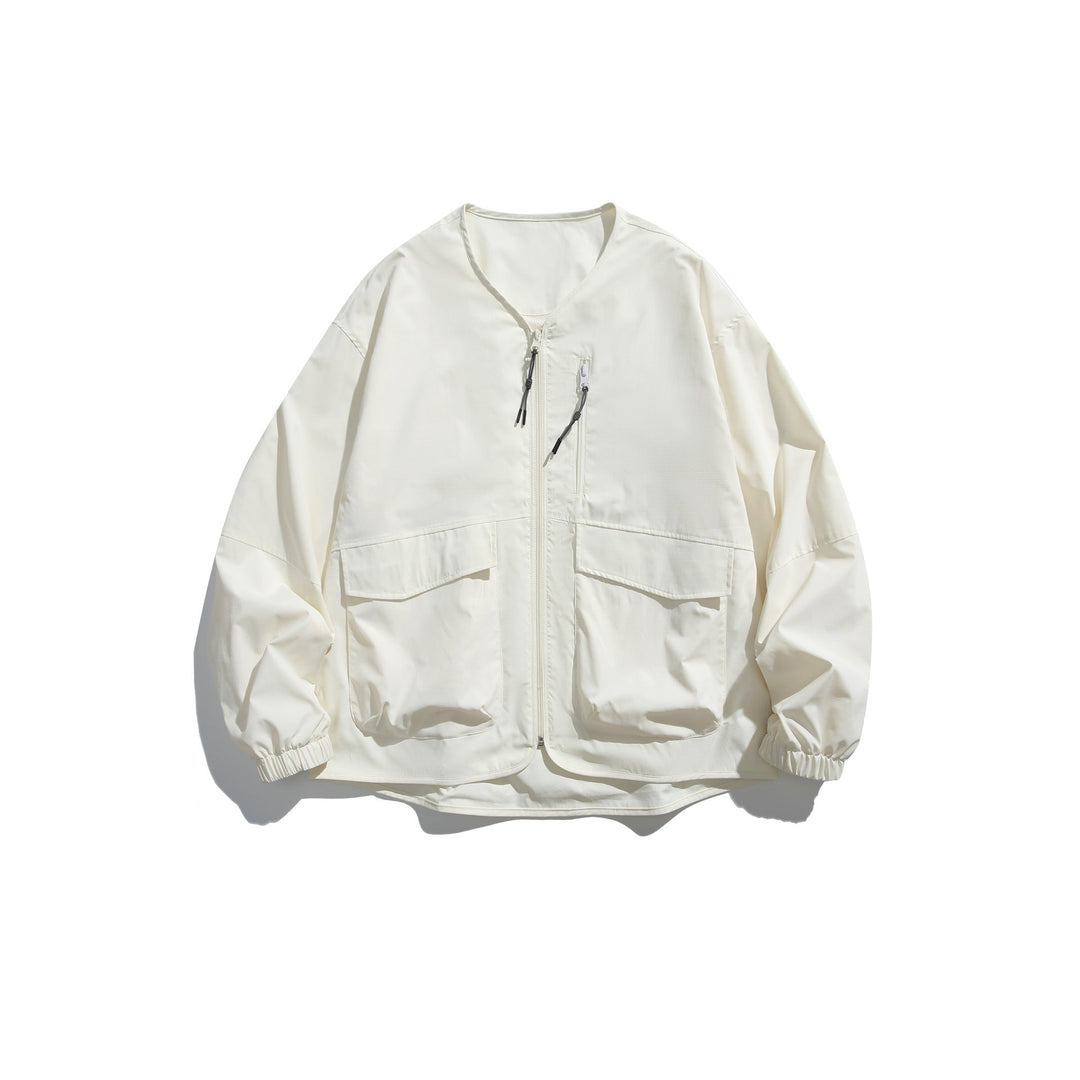 Męska krótka kurtka z V-neck, two-way zamkiems i utility kieszeniami