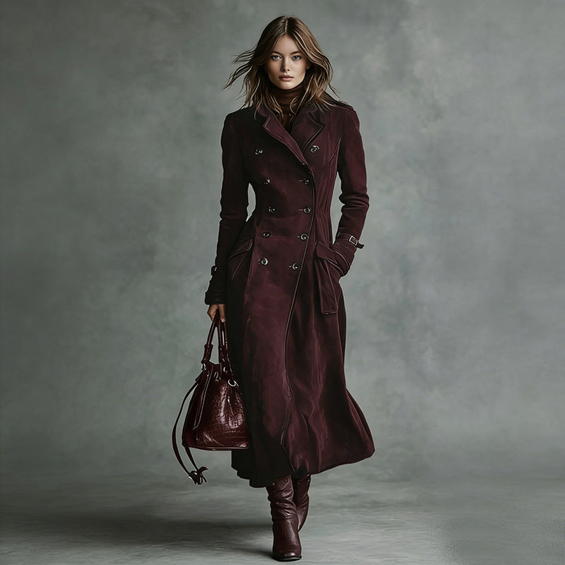 Damska długaer taliowana trencz in Suede Look z dwurzędna guzikami listwą i Buckle Cuffs Lumaza