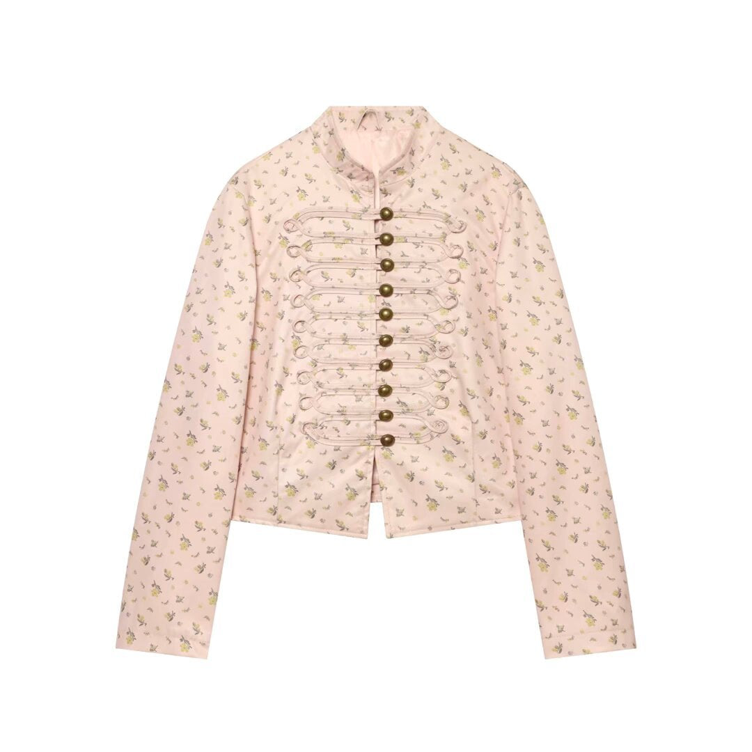 Damska krótka kurtka z Kołnierz mandarynkowy i ozdobny toggle fastenings