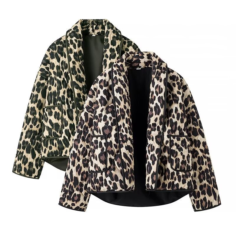 Damska ocieplana krótka kurtka in Leopard Print z Shawl kołnierzem i z naszywanymi kieszeniami Lumaza