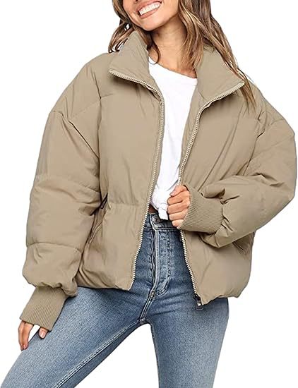Damska krótka pikowana Winter kurtka z stójka kołnierzem, zamkiem błyskawicznym i Ribbed Cuffs Lumaza