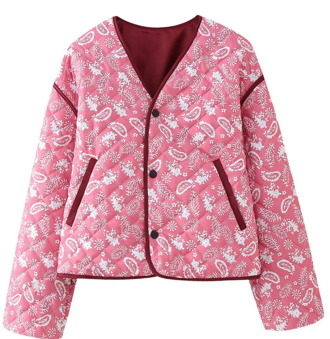 Damska pikowana krótka kurtka z V-neck, paisley Wzór i contrasting lamówka