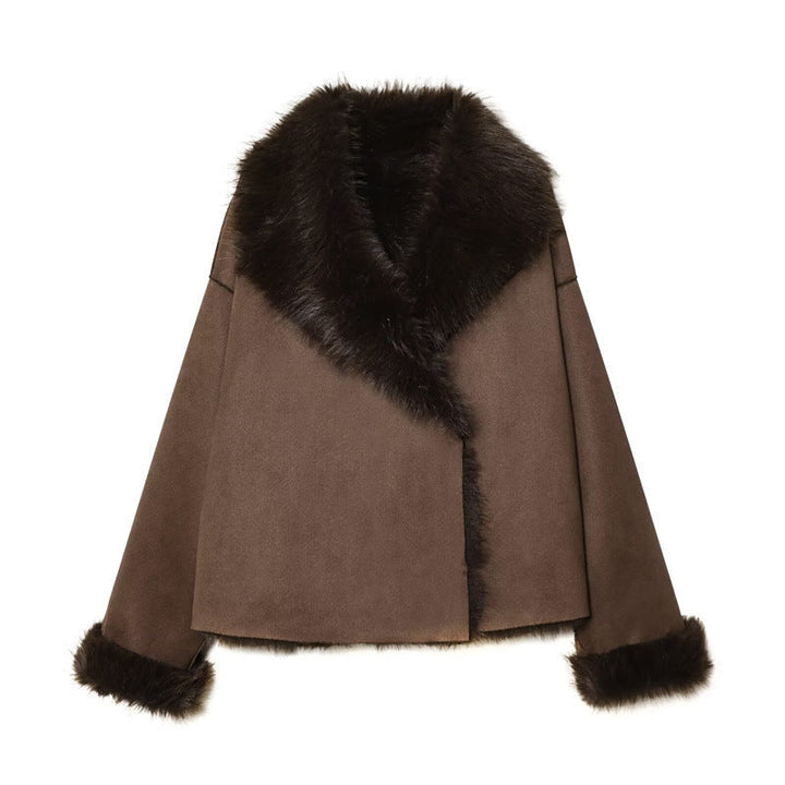 Damskie’s krótka kurtka w lambskin wygląd z voluminous futro Kołnierz i skrócona Rękawy