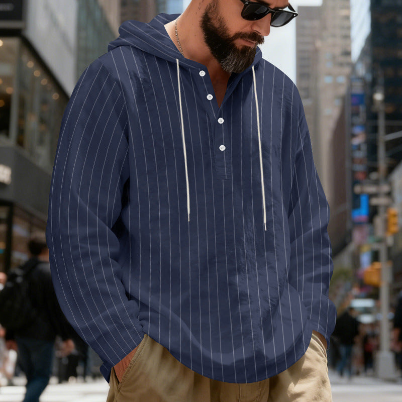Męska Lekka Bluza z kapturem Henley Koszula z Delikatna Pinstripes