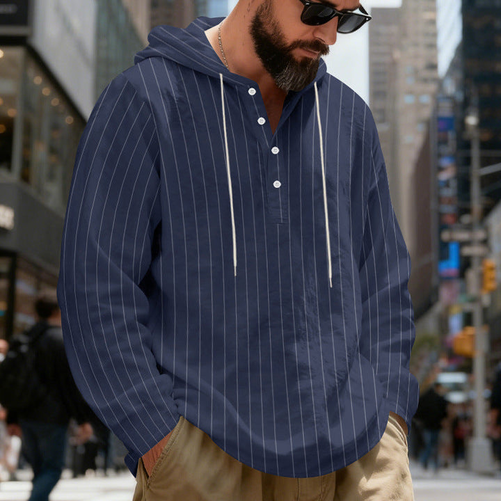 Męska Lekka Bluza z kapturem Henley Koszula z Delikatna Pinstripes