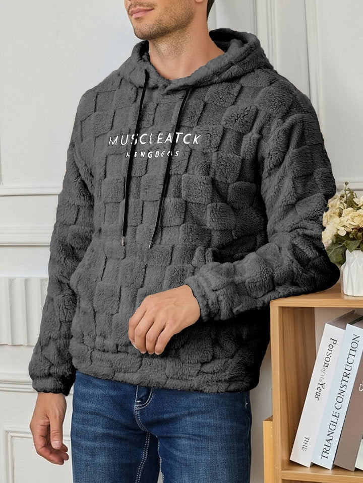 Męska fluffy Sherpa bluza z kapturem z square quilting Wzór, kieszeń kangurka i regulowany kaptur