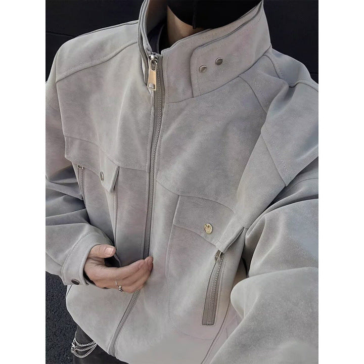 Męski Oversized Suede-Look Utility Kurtka z High Stójka