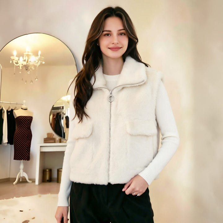 Damska bez rękawów Faux Fur kamizelka z ze stójką, zamkiem błyskawicznym i klapką kieszeniami Lumaza