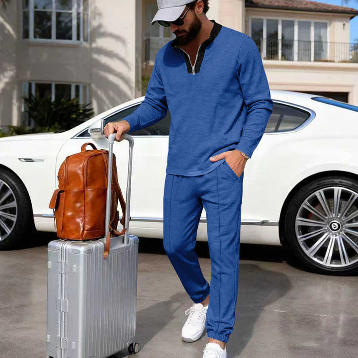 Męska Lekka Henley Loungewear Set z Kontrastowy Kołnierz, Ściągacz Joggery i Elastyczne mankiety