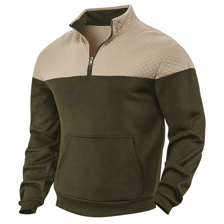 Męska pikowana karczek na ramionach krótki zamek sweter z kieszeń kangurka i stójka