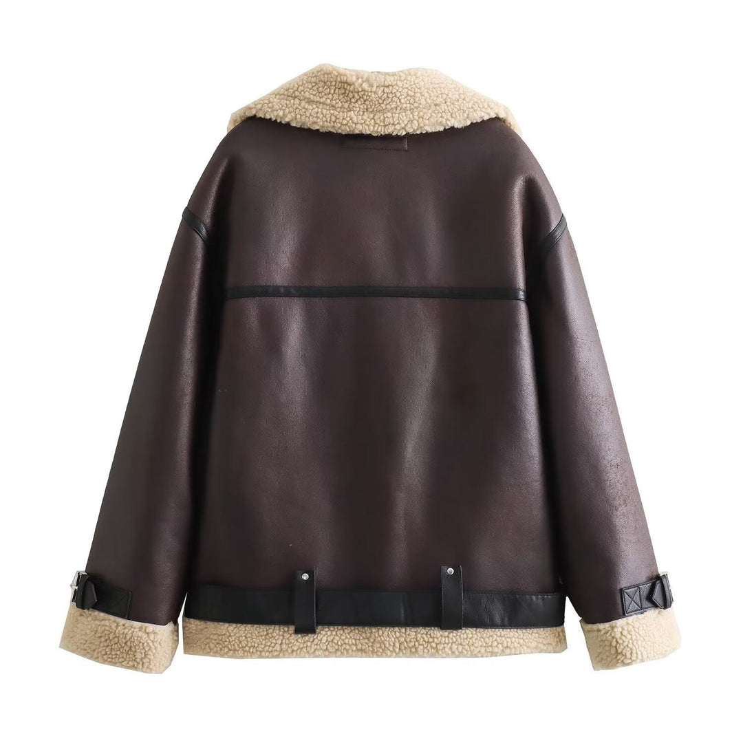 Damska aviator kurtka in biker styl z teddy lining, imitacja skóry trim i waist paskiem Lumaza