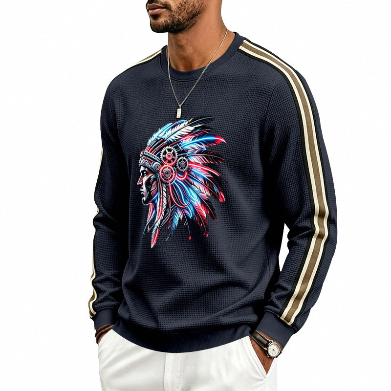 Męska bluza z feather headpiece print, waffle structure i contrasting shoulder stripes